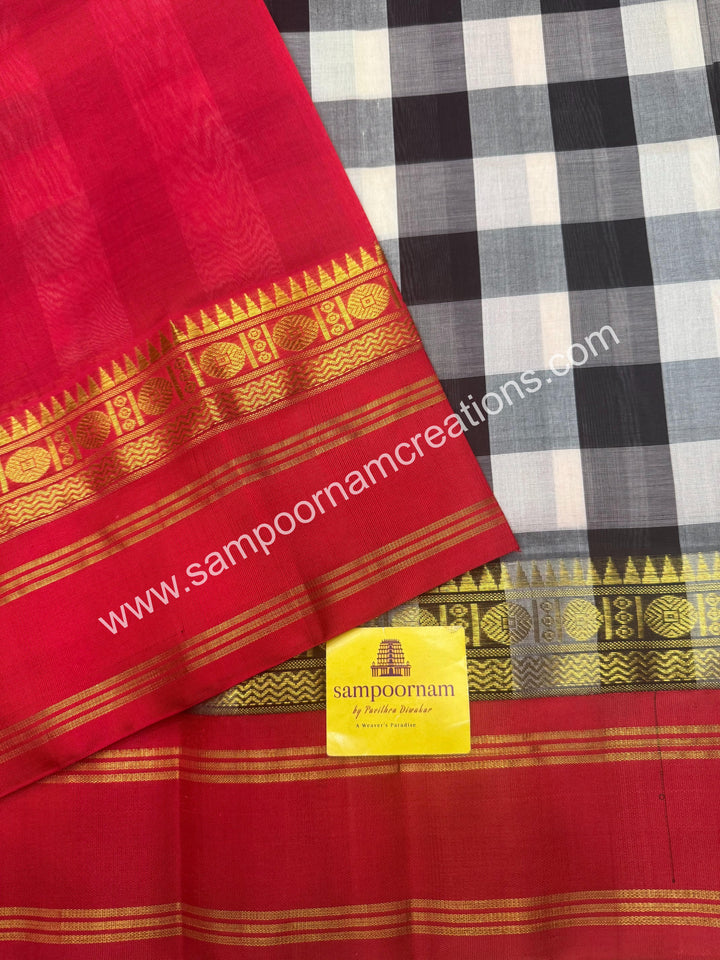 Black , White , with Red , Pallum Pazham Checks , traditional borders and rich Pallu Silk Cotton Sarees