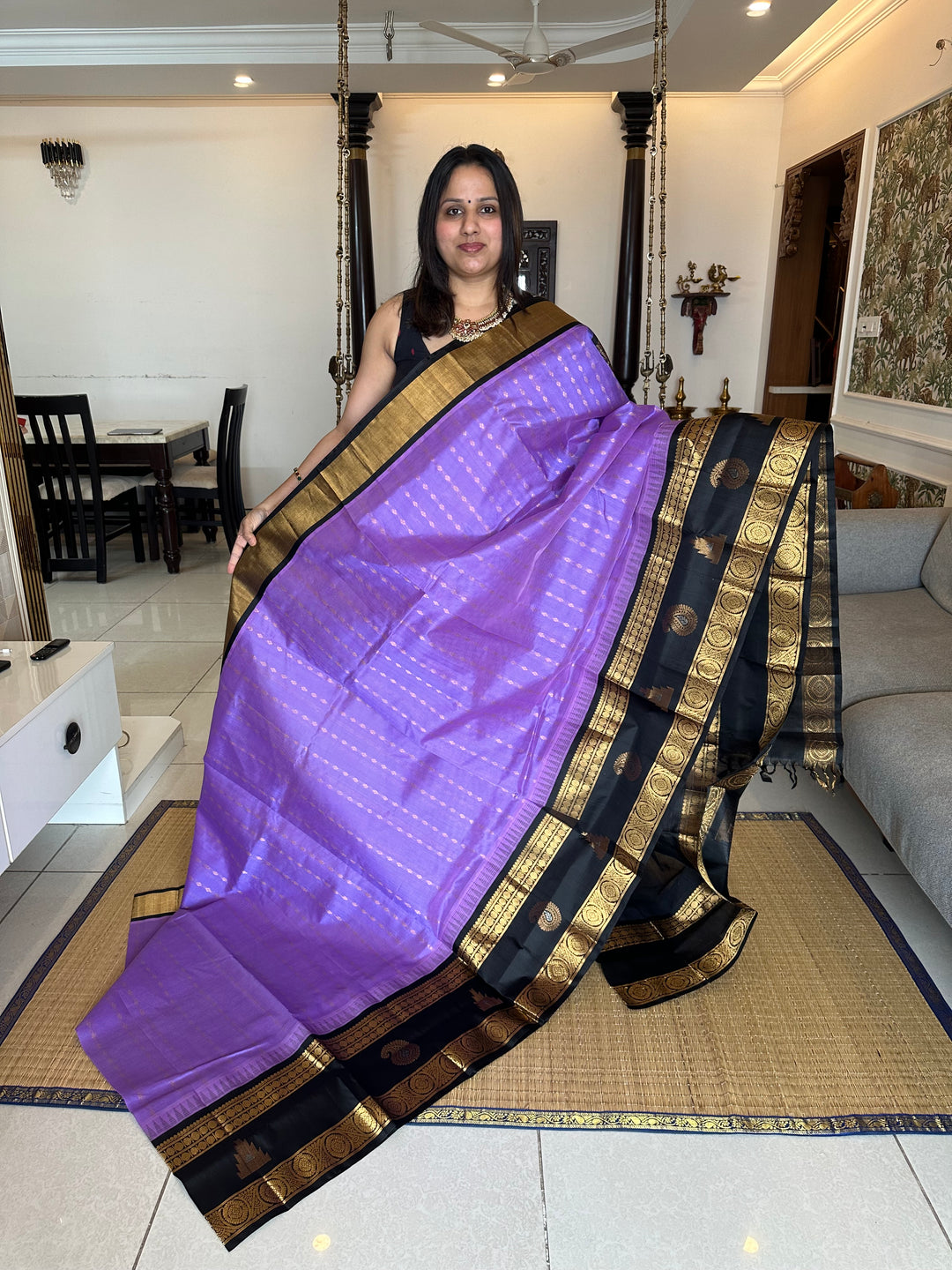 Lavender with Black one side Rettapet Border and Body Zari Butta and Rich Pallu Korvai Silk Cotton Saree