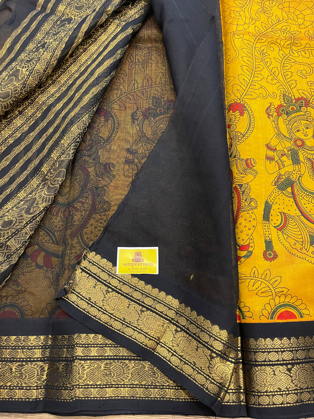 Mambazha Manjal with Black Radha Krishna Printed Korvai Silk Cotton Saree