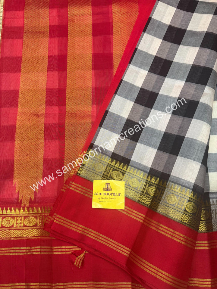 Black , White , with Red , Pallum Pazham Checks , traditional borders and rich Pallu Silk Cotton Sarees