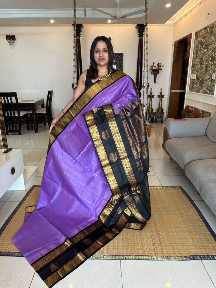 Lavender with Black one side Rettapet Border and Body Zari Butta and Rich Pallu Korvai Silk Cotton Saree