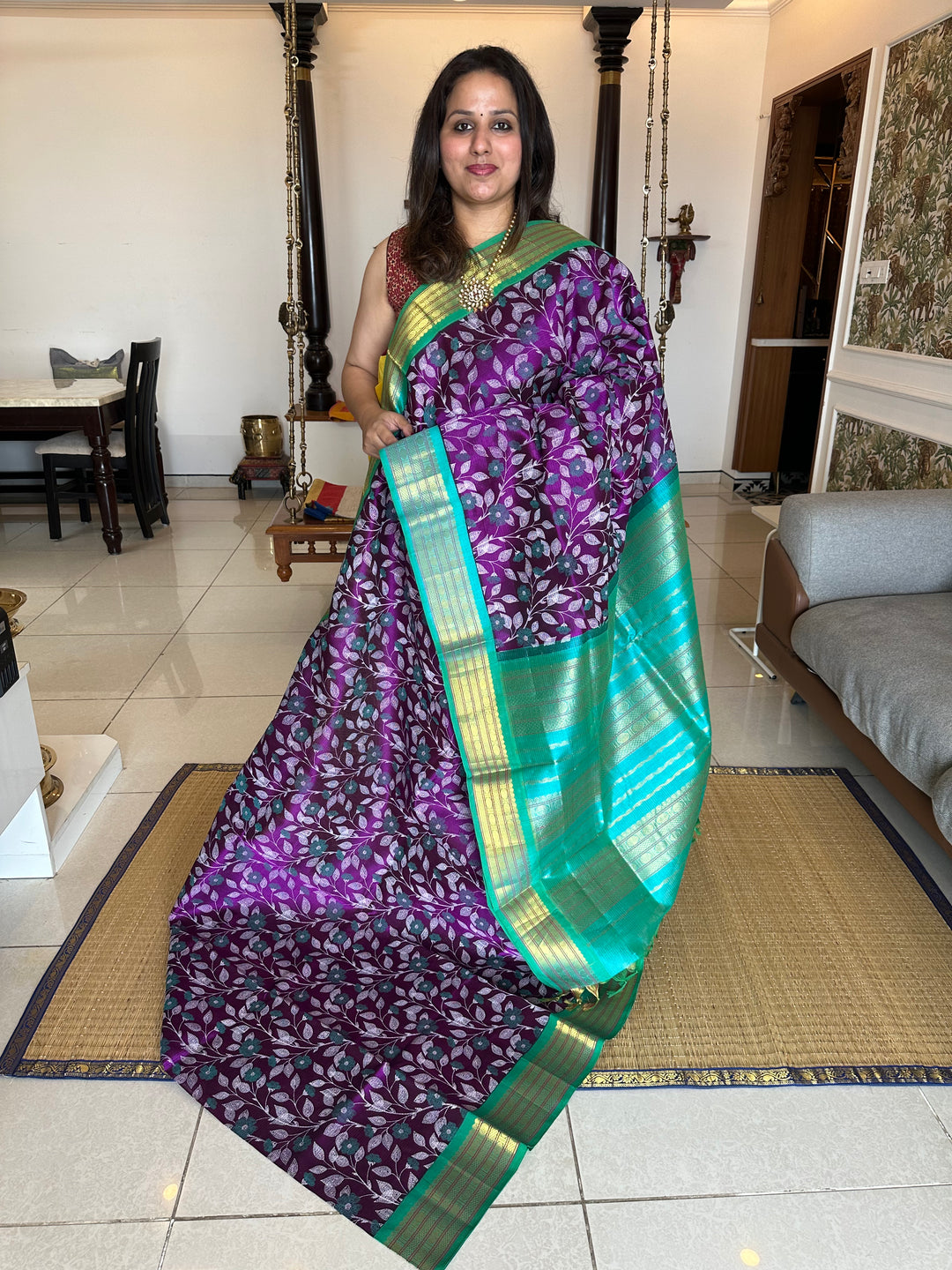 Brinjal Purple with Sea Green Kantha Printed Korvai Silk Cotton Saree