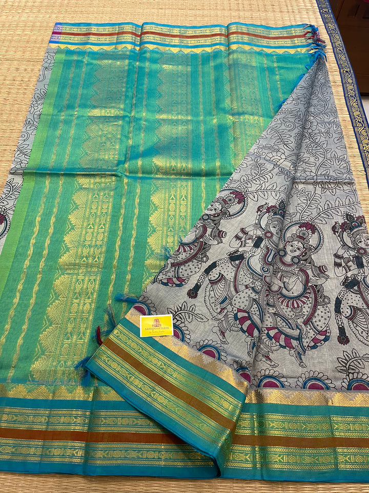 Grey with Sea Green Ganga Jamuna Border, Radha Krishna Printed Korvai Silk Cotton Saree