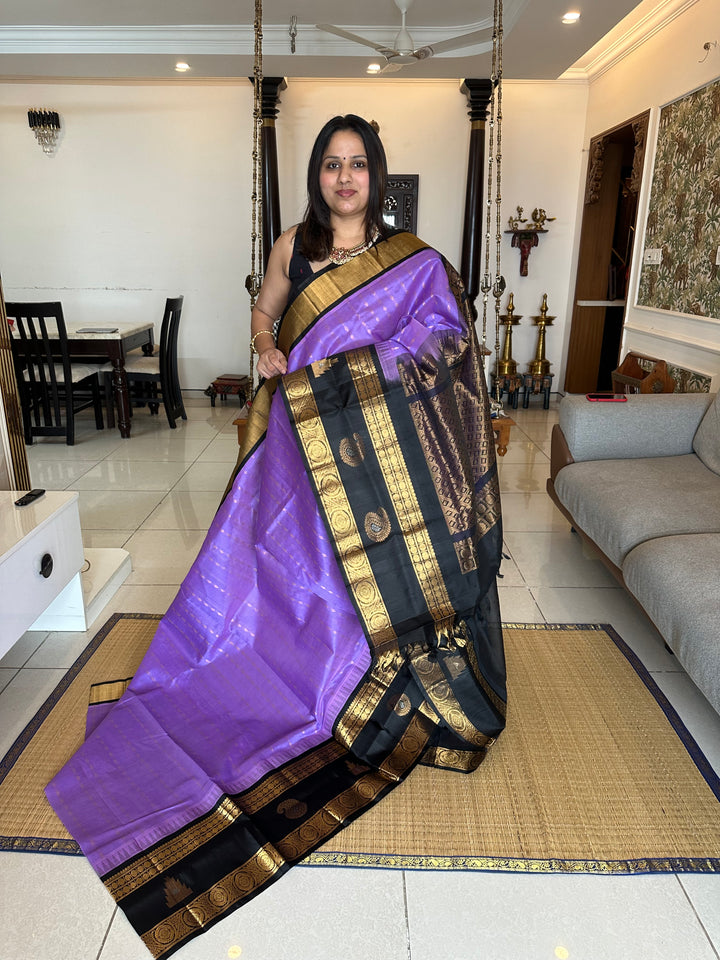 Lavender with Black one side Rettapet Border and Body Zari Butta and Rich Pallu Korvai Silk Cotton Saree