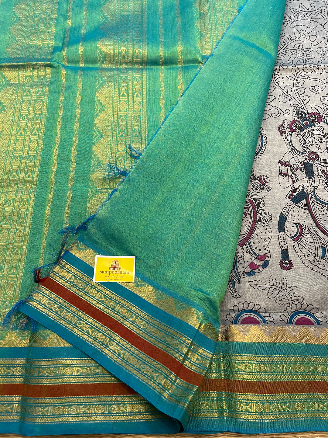 Grey with Sea Green Ganga Jamuna Border, Radha Krishna Printed Korvai Silk Cotton Saree