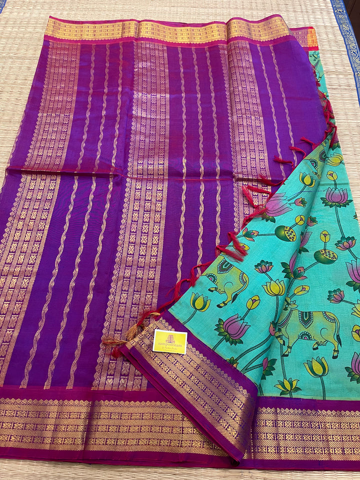 Ramar Blue with Purple Ganga Jamuna Border Pichwai Printed Korvai Silk Cotton Saree