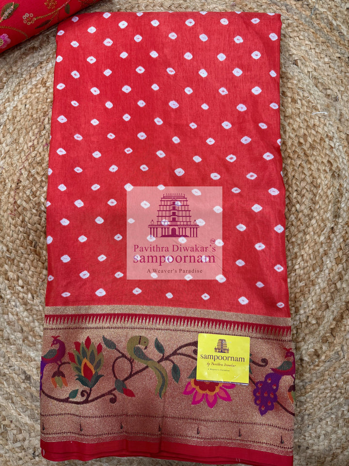 Sunset Orange With Red , Bandhini prints in the body , with Paithani rich Zari borders and Pallu , Banarasi blouse , Pure Vegan Silk Saree