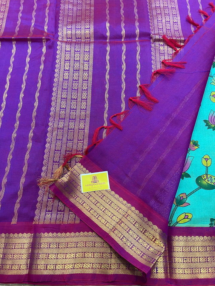 Ramar Blue with Purple Ganga Jamuna Border Pichwai Printed Korvai Silk Cotton Saree