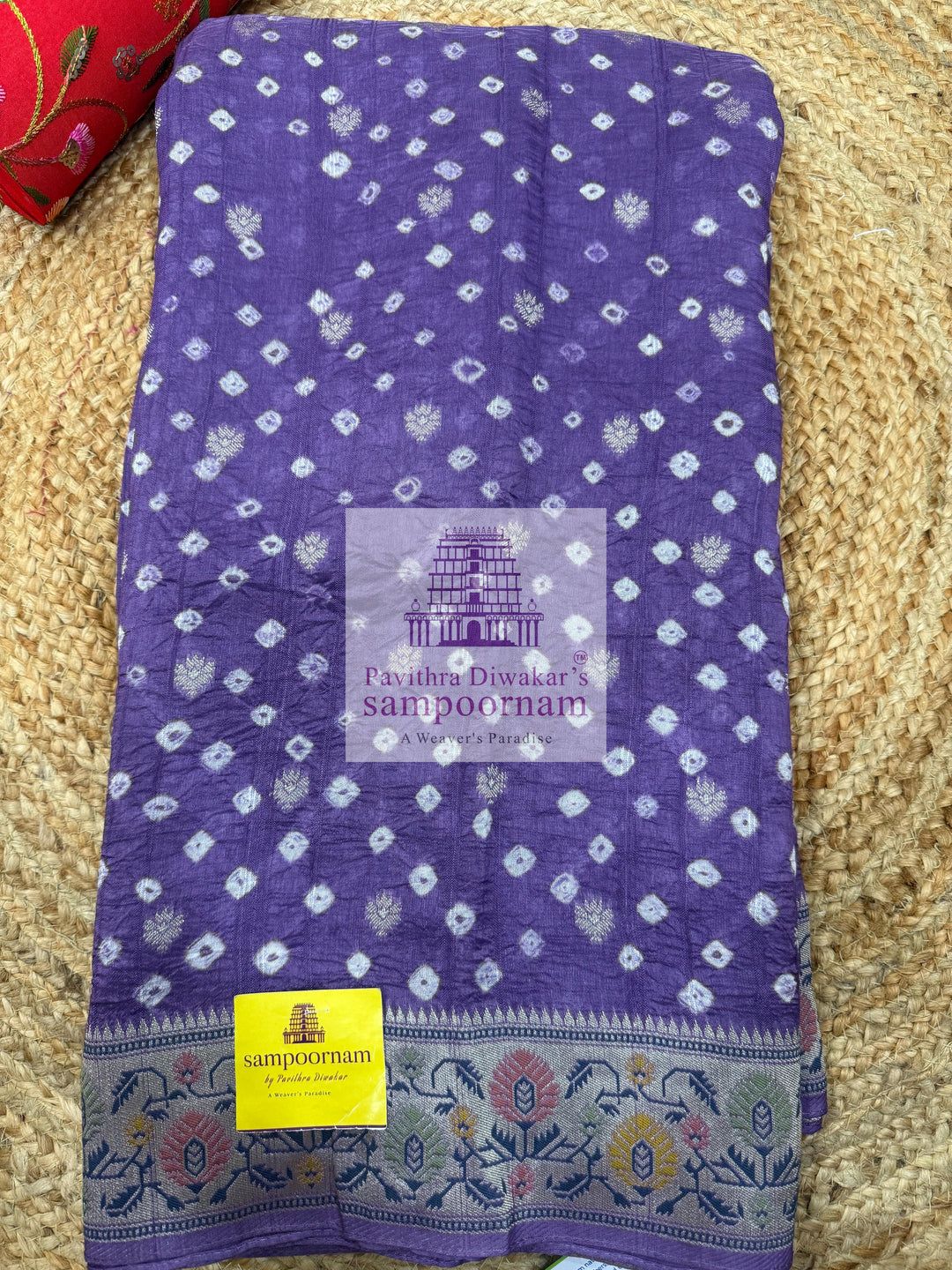 Lilac with Silver Zari ,Bandhini with Zari motifs in the body and Paithani Zari borders and Pallu with Banarasi blouse , Pure Vegan Silk Saree