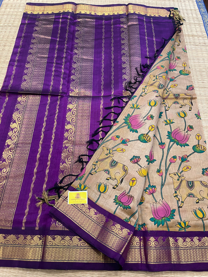 Light Gold With Purple Ganga Jamuna Border Pichwai Printed Korvai Silk Cotton Saree