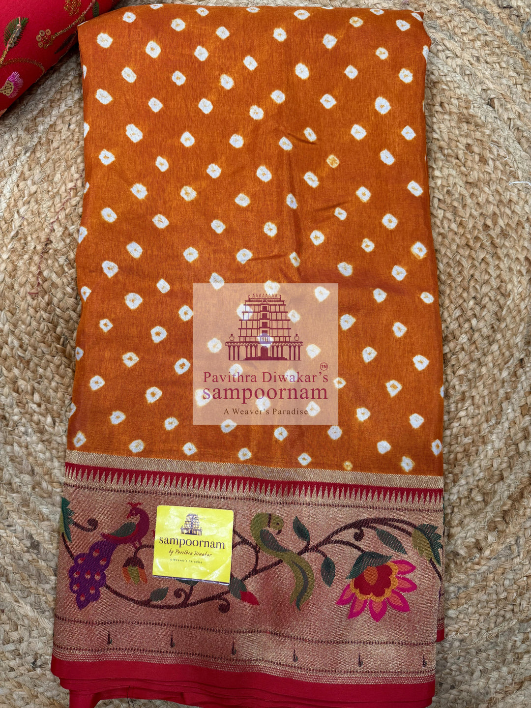 Mustard Yellow , Bandhini prints in the body , with Paithani rich Zari borders and Pallu , Banarasi blouse , Pure Vegan Silk Saree