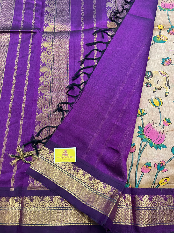 Light Gold With Purple Ganga Jamuna Border Pichwai Printed Korvai Silk Cotton Saree