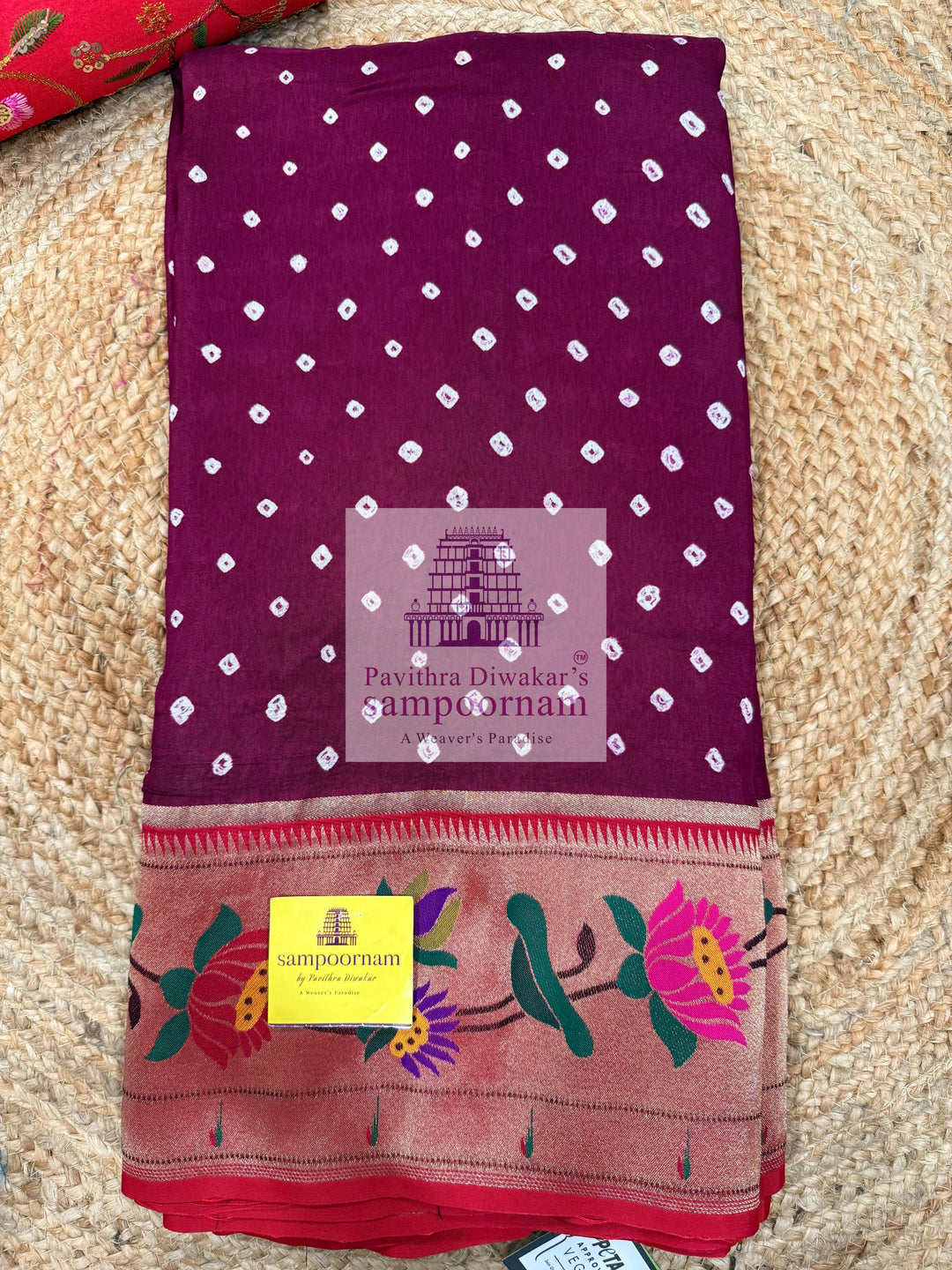 Maroon with Red , Bandhini prints in the body , with Paithani rich Zari borders and Pallu , Banarasi blouse , Pure Vegan Silk Saree