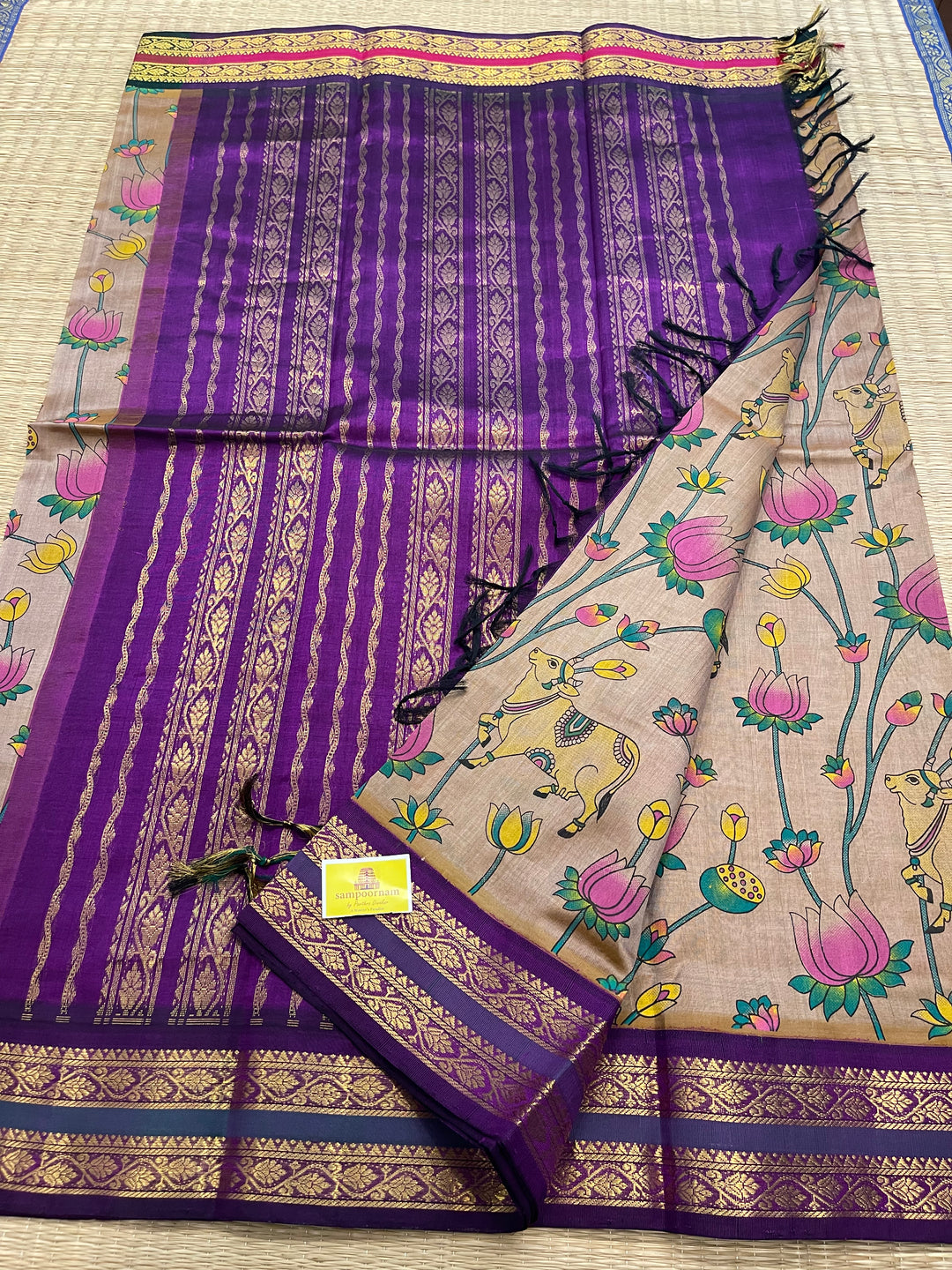 Light Gold with Ganga Jamuna Border Pichwai Printed Korvai Silk Cotton Saree