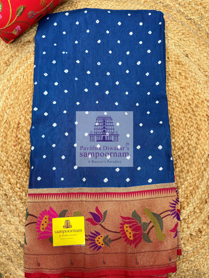 Peacock Blue with Red , Bandhini prints in the body , with Paithani rich Zari borders and Pallu , Banarasi blouse , Pure Vegan Silk Saree