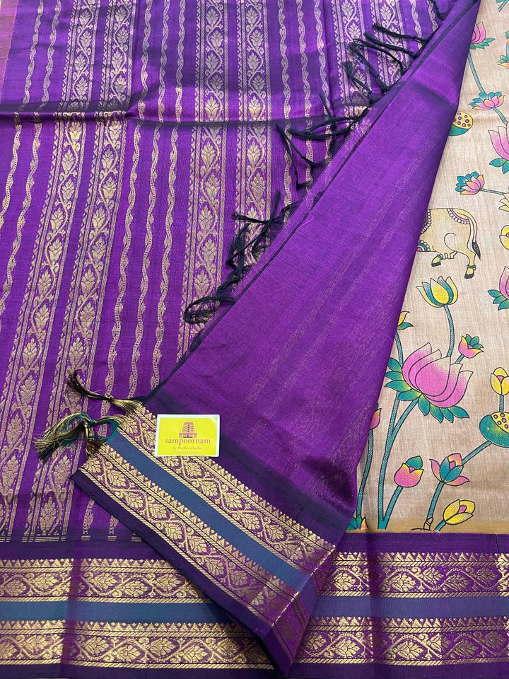 Light Gold with Ganga Jamuna Border Pichwai Printed Korvai Silk Cotton Saree