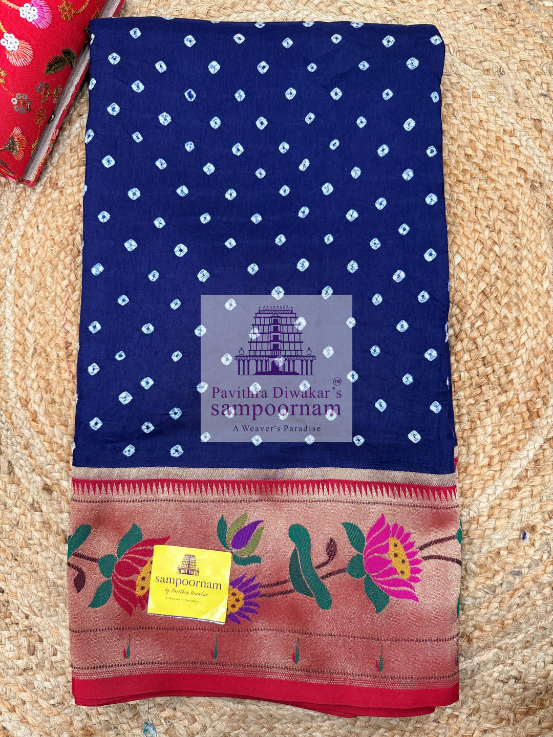 Indigo Blue with Red , Bandhini prints in the body , with Paithani rich Zari borders and Pallu , Banarasi blouse , Pure Vegan Silk Saree