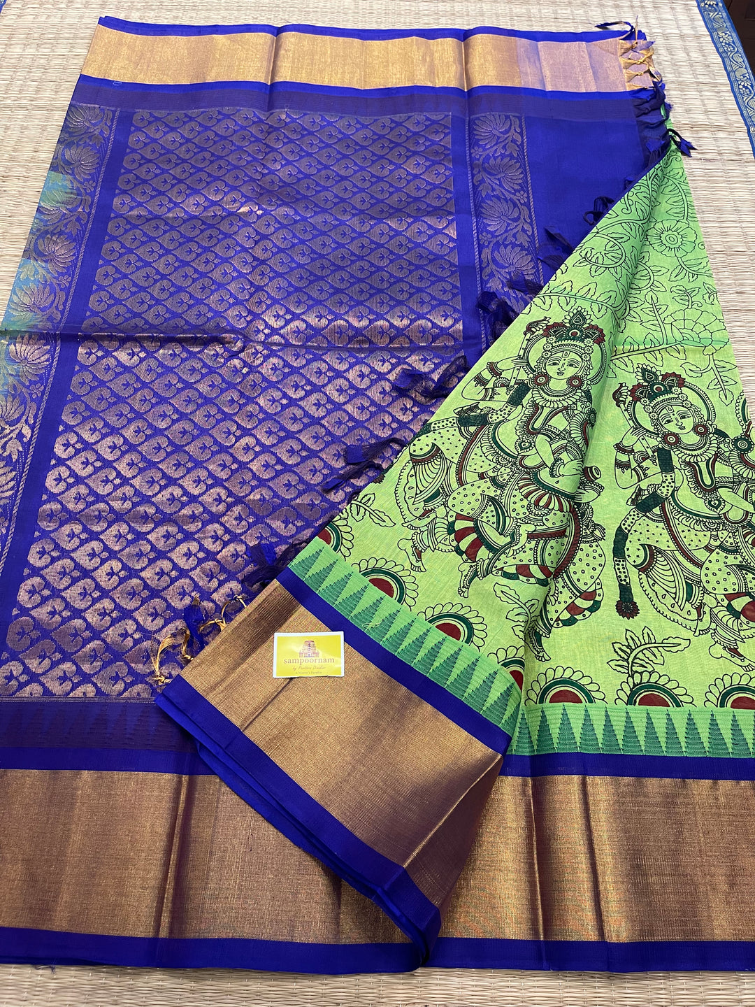 Green with Blue Temple Border Radha Krishna Printed Korvai Silk Cotton Saree