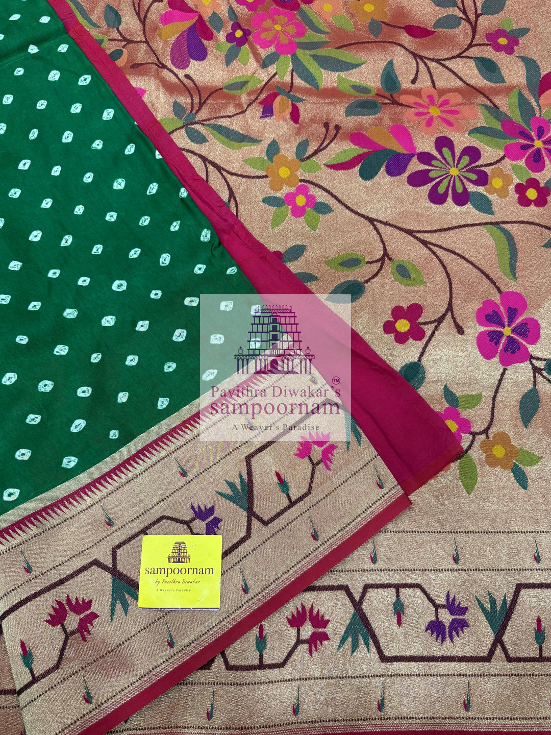 Green with Red , Bandhini prints in the body , with Paithani rich Zari borders and Pallu , plain Red blouse , Pure Vegan Silk Saree