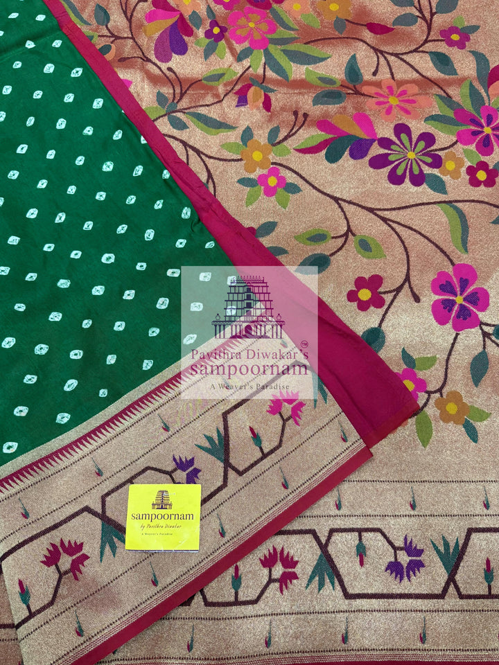 Green with Red , Bandhini prints in the body , with Paithani rich Zari borders and Pallu , plain Red blouse , Pure Vegan Silk Saree