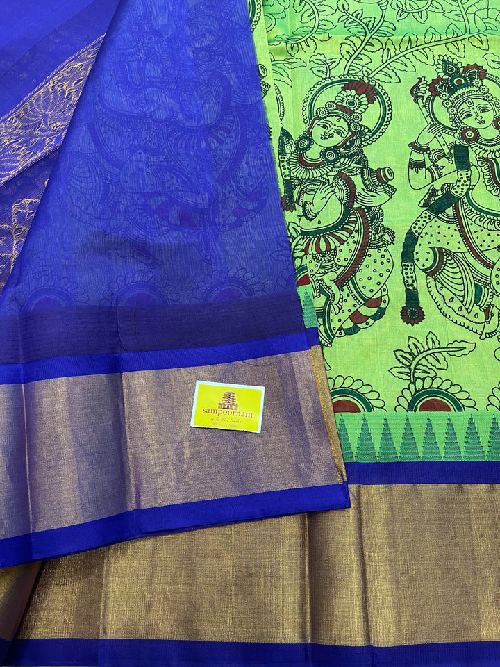 Green with Blue Temple Border Radha Krishna Printed Korvai Silk Cotton Saree