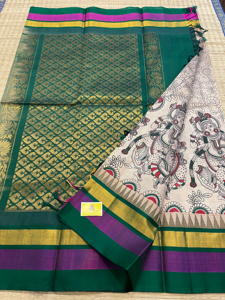 Ven Pattu With Green Triple Temple Border Radha Krishna Printed Korvai Silk Cotton Saree