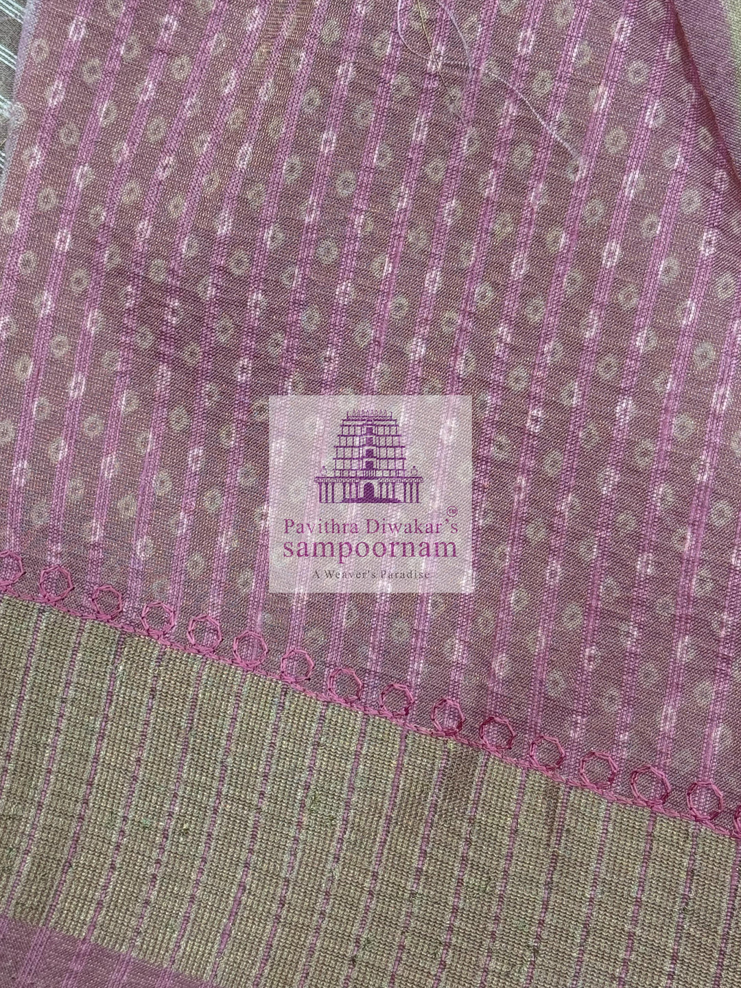 Baby Pink Deep Red with Lehariya prints and small embroided mirror work in the body and border, tissue borders and pallu, VEGAN Saree