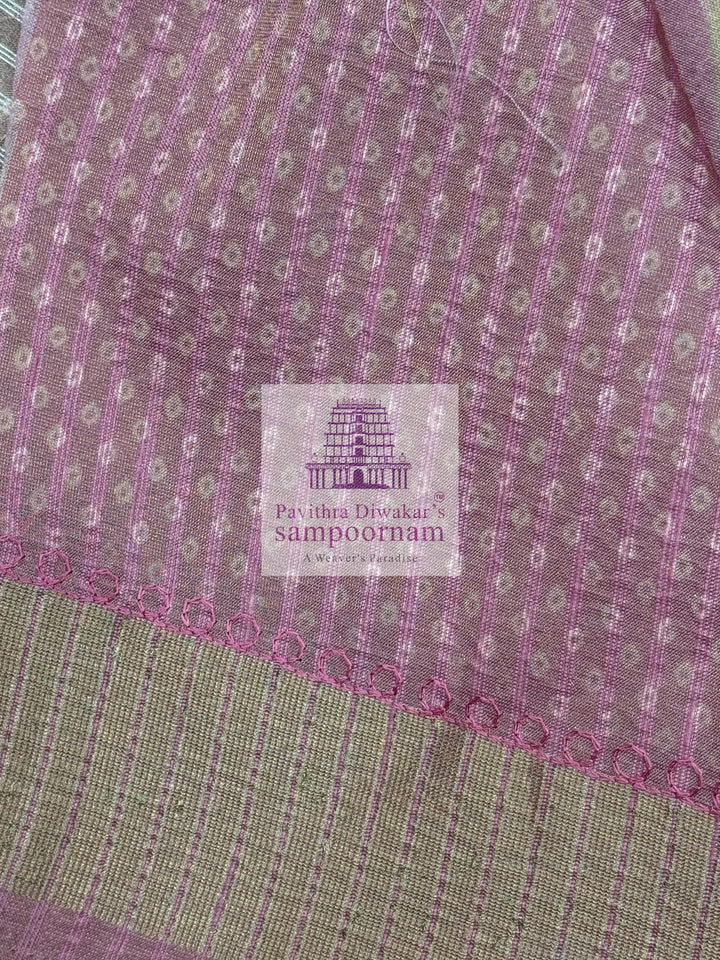 Baby Pink Deep Red with Lehariya prints and small embroided mirror work in the body and border, tissue borders and pallu, VEGAN Saree