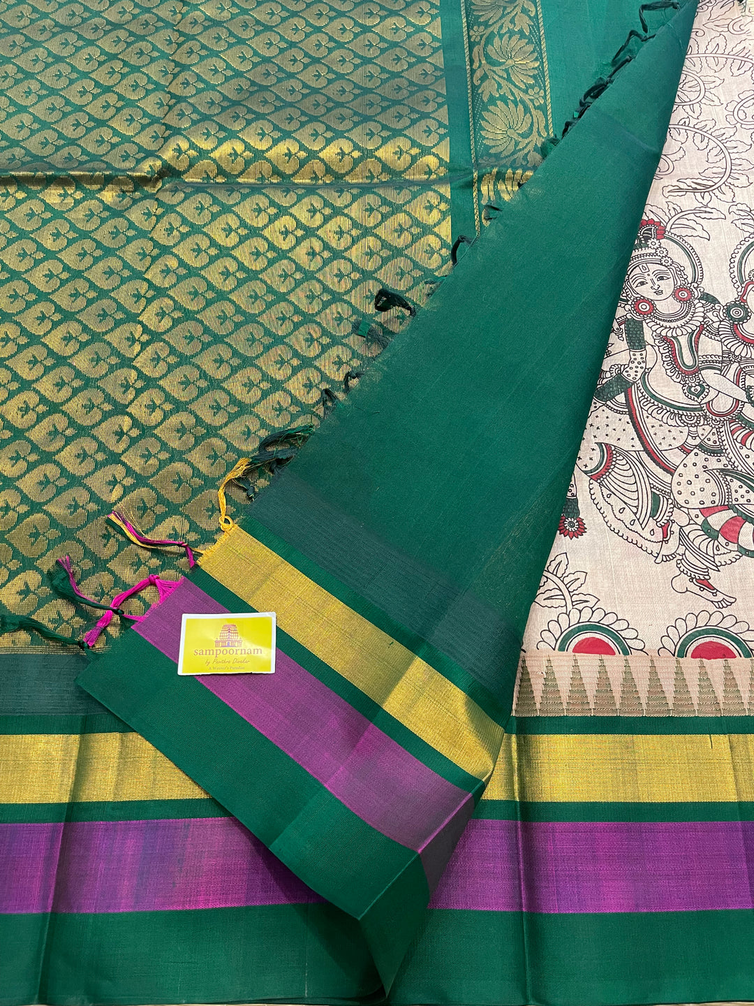 Ven Pattu With Green Triple Temple Border Radha Krishna Printed Korvai Silk Cotton Saree