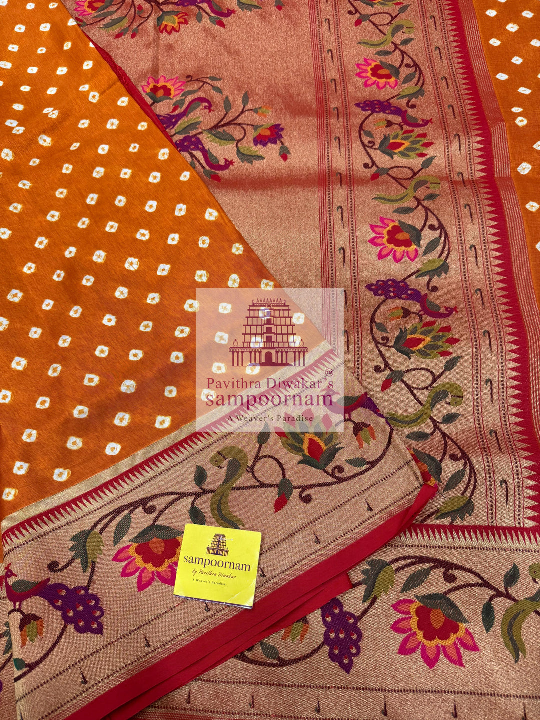Mustard Yellow , Bandhini prints in the body , with Paithani rich Zari borders and Pallu , Banarasi blouse , Pure Vegan Silk Saree