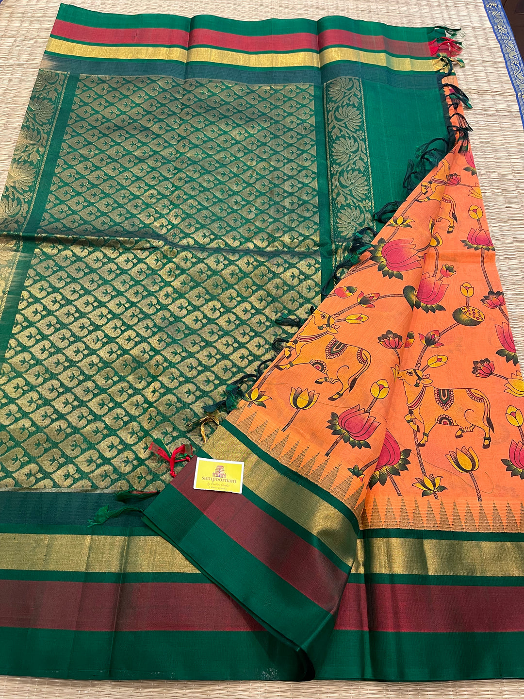 Peachish Orange Triple Temple Border Pichwai Printed Korvai Silk Cotton Saree