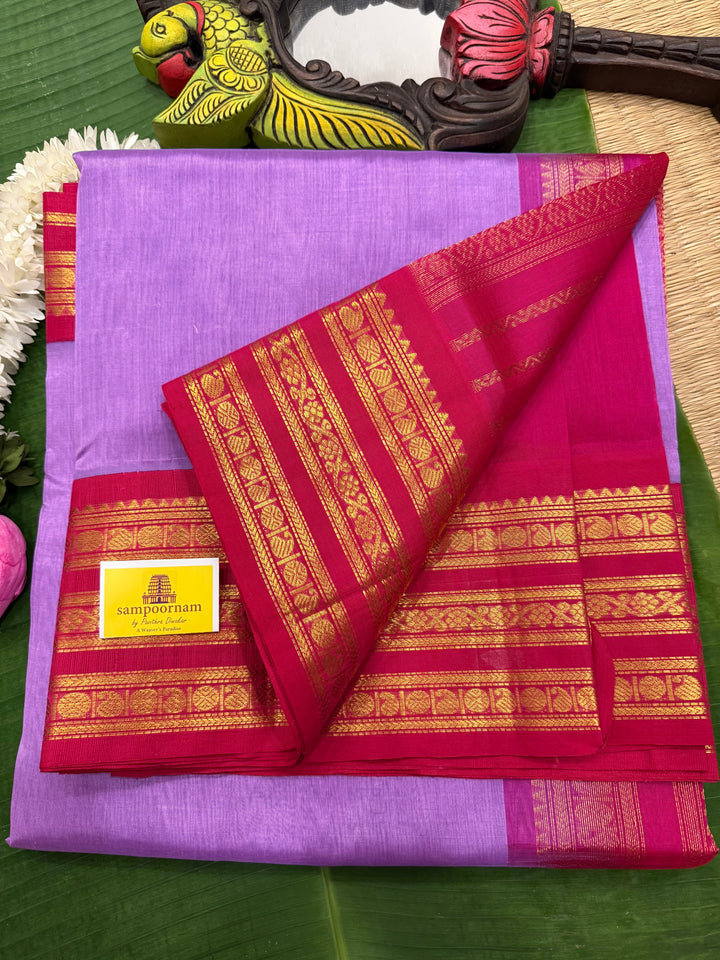 Lavender with Pink , one side big Kanchi big traditional border and rich Pallu Korvai Silk Cotton Saree