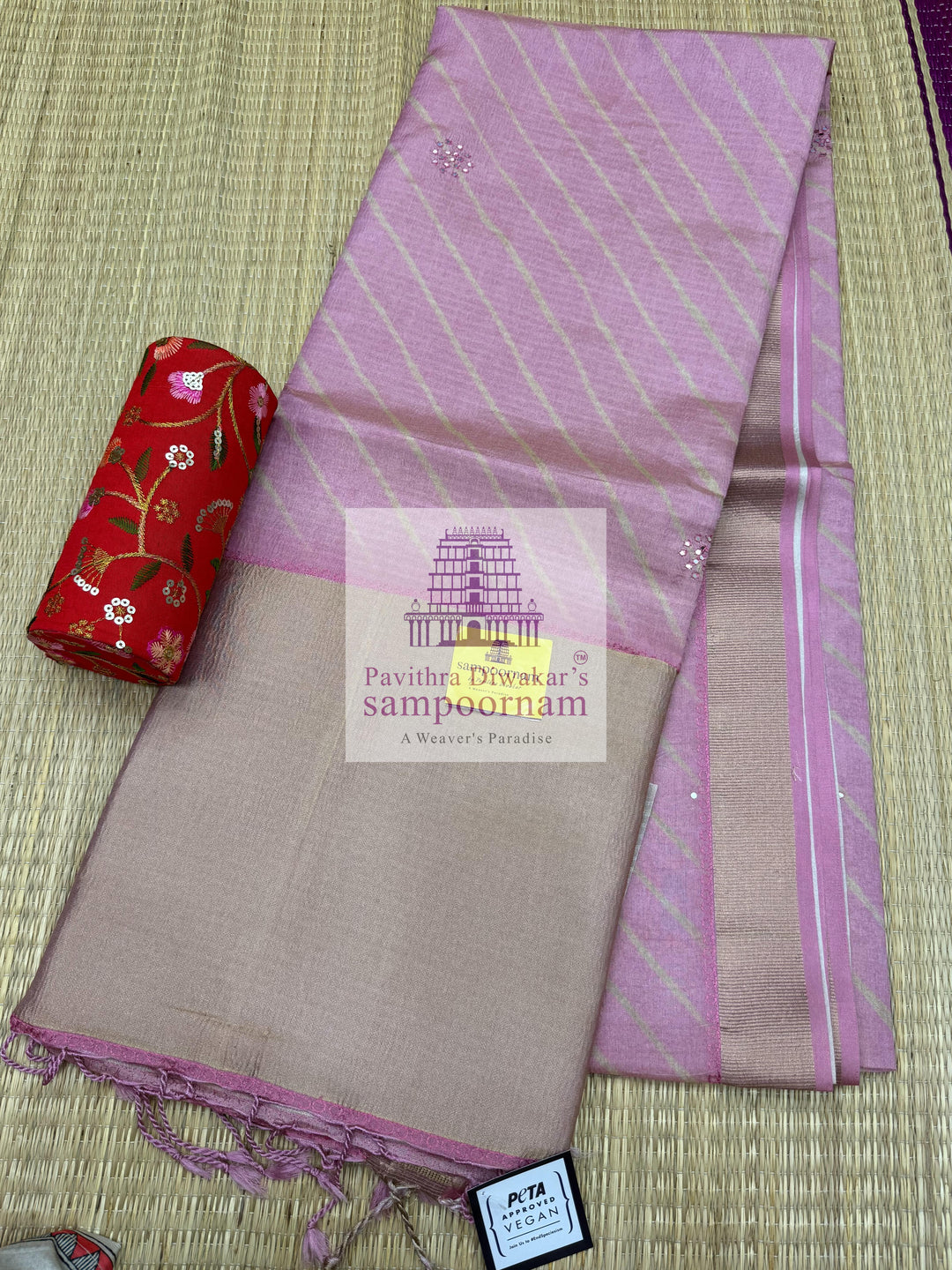 Baby Pink Deep Red with Lehariya prints and small embroided mirror work in the body and border, tissue borders and pallu, VEGAN Saree