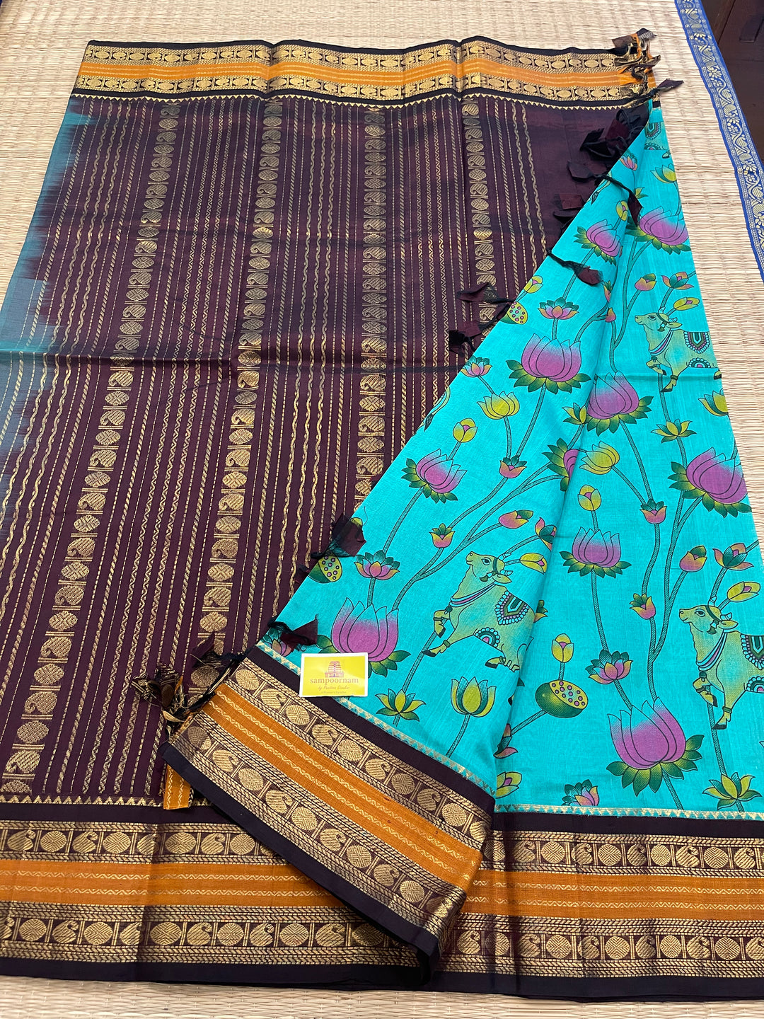 Ramar Blue with Brown Traditional Rudraksh Border Pichwai Printed Korvai Silk Cotton Saree