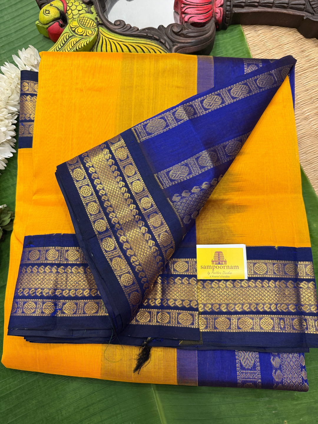 Mambazha Manjal with Blue , traditional borders and rich Pallu Korvai Silk Cotton Saree