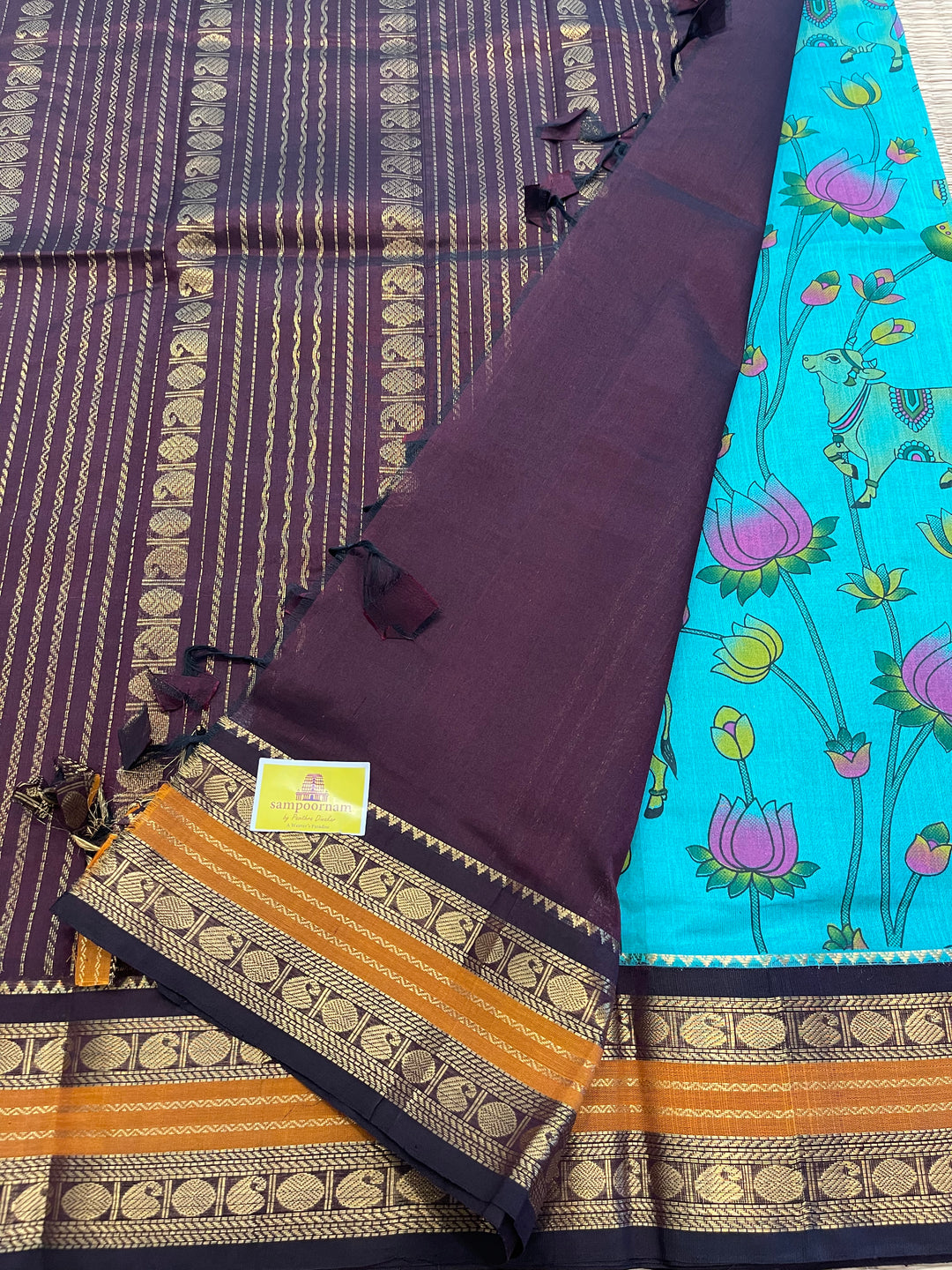 Ramar Blue with Brown Traditional Rudraksh Border Pichwai Printed Korvai Silk Cotton Saree