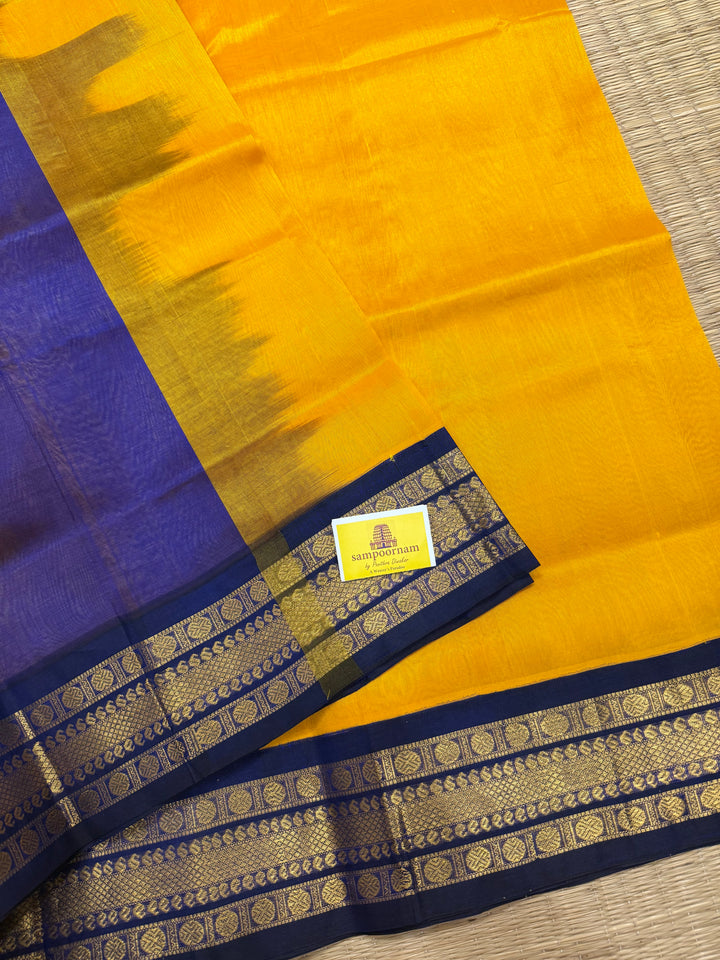Mambazha Manjal with Blue , traditional borders and rich Pallu Korvai Silk Cotton Saree