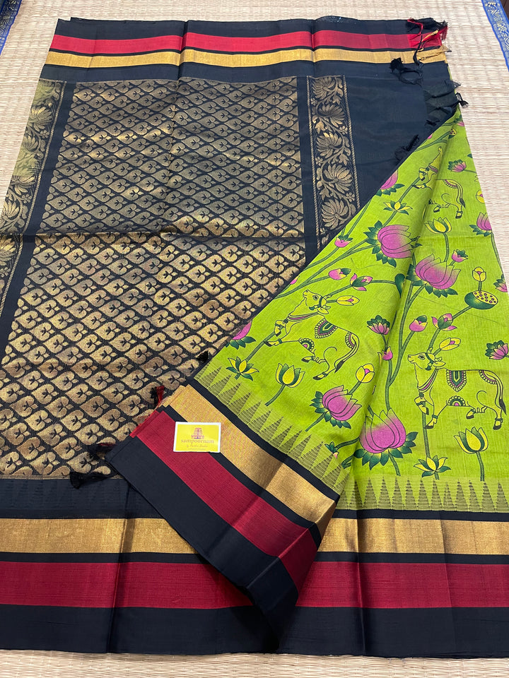 Green with Black Triple Temple Border Pichwai Printed Korvai Silk Cotton Saree