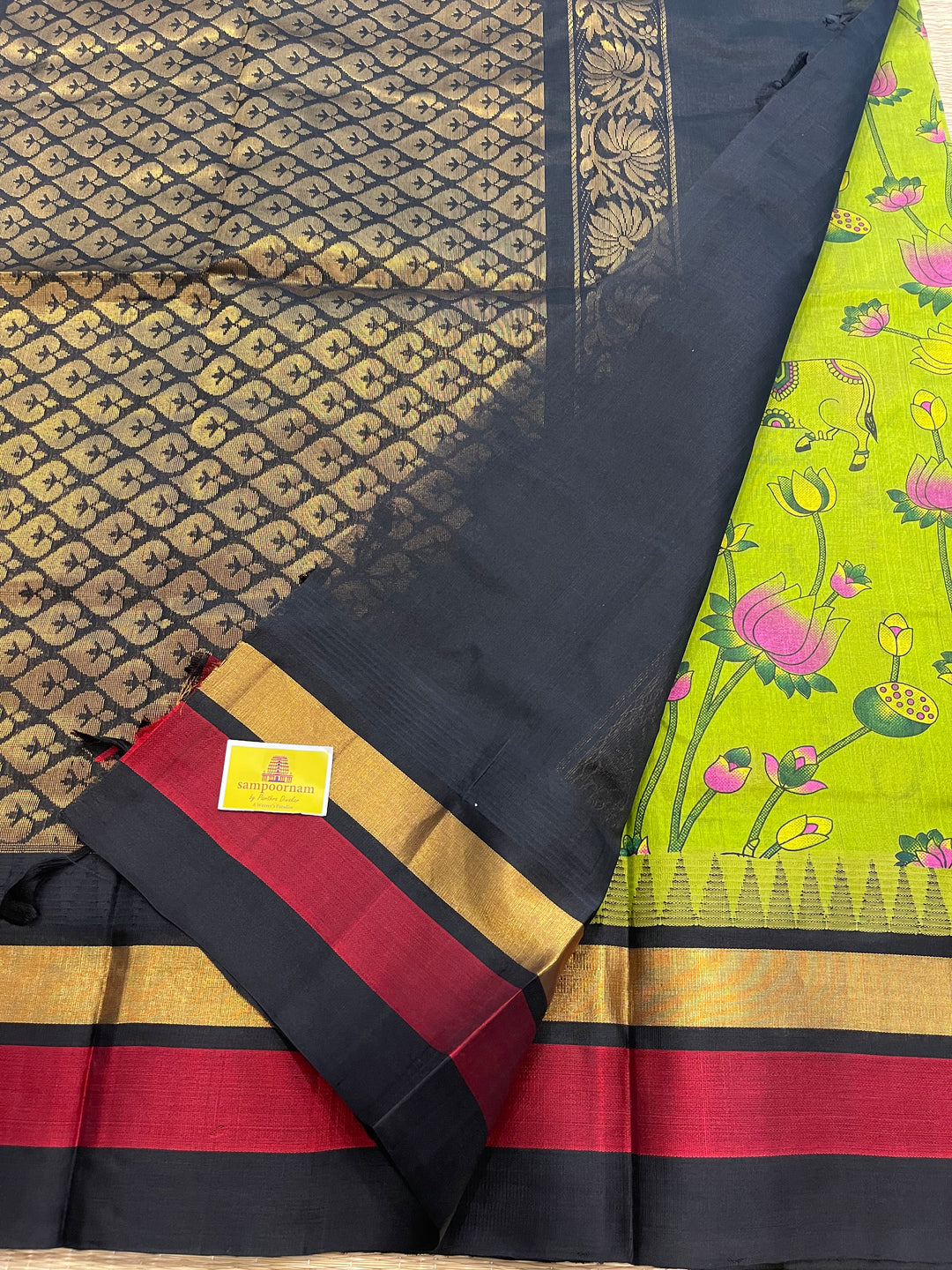 Green with Black Triple Temple Border Pichwai Printed Korvai Silk Cotton Saree