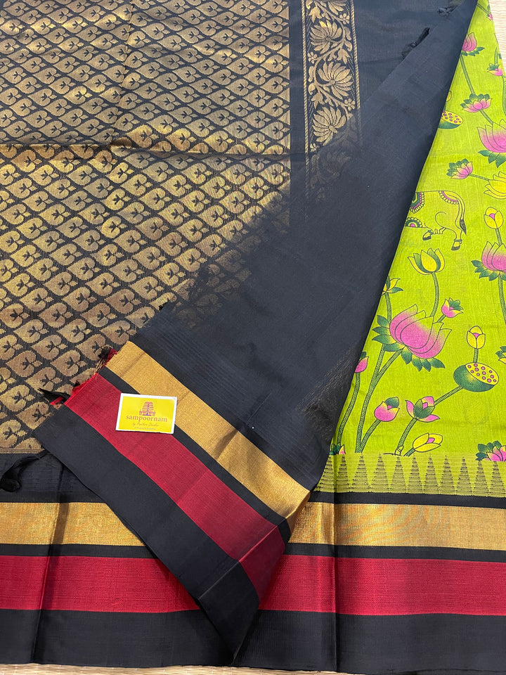 Green with Black Triple Temple Border Pichwai Printed Korvai Silk Cotton Saree