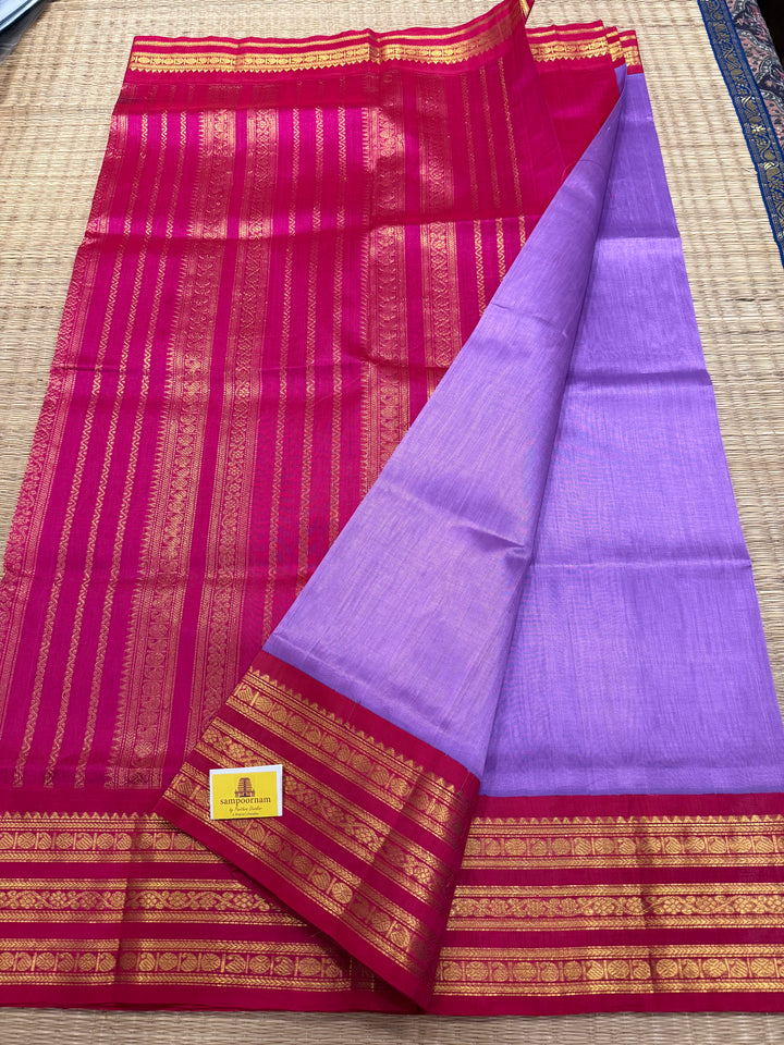 Lavender with Pink , one side big Kanchi big traditional border and rich Pallu Korvai Silk Cotton Saree
