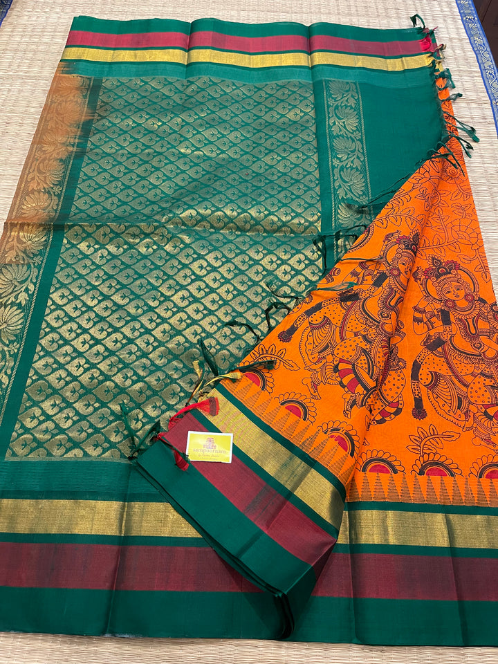 Orange With Green Triple Temple Border Radha Krishna Printed Korvai Silk Cotton Saree