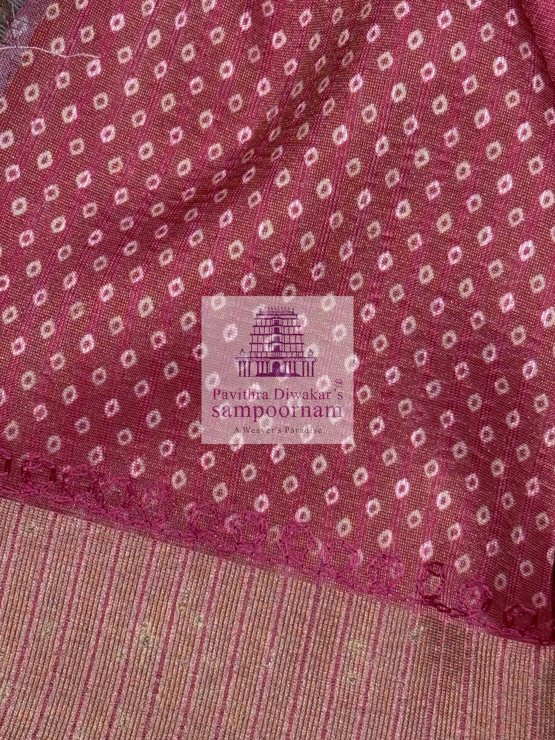 Deep Red with Lehariya prints and small embroided mirror work in the body and border, tissue borders and pallu, VEGAN Saree