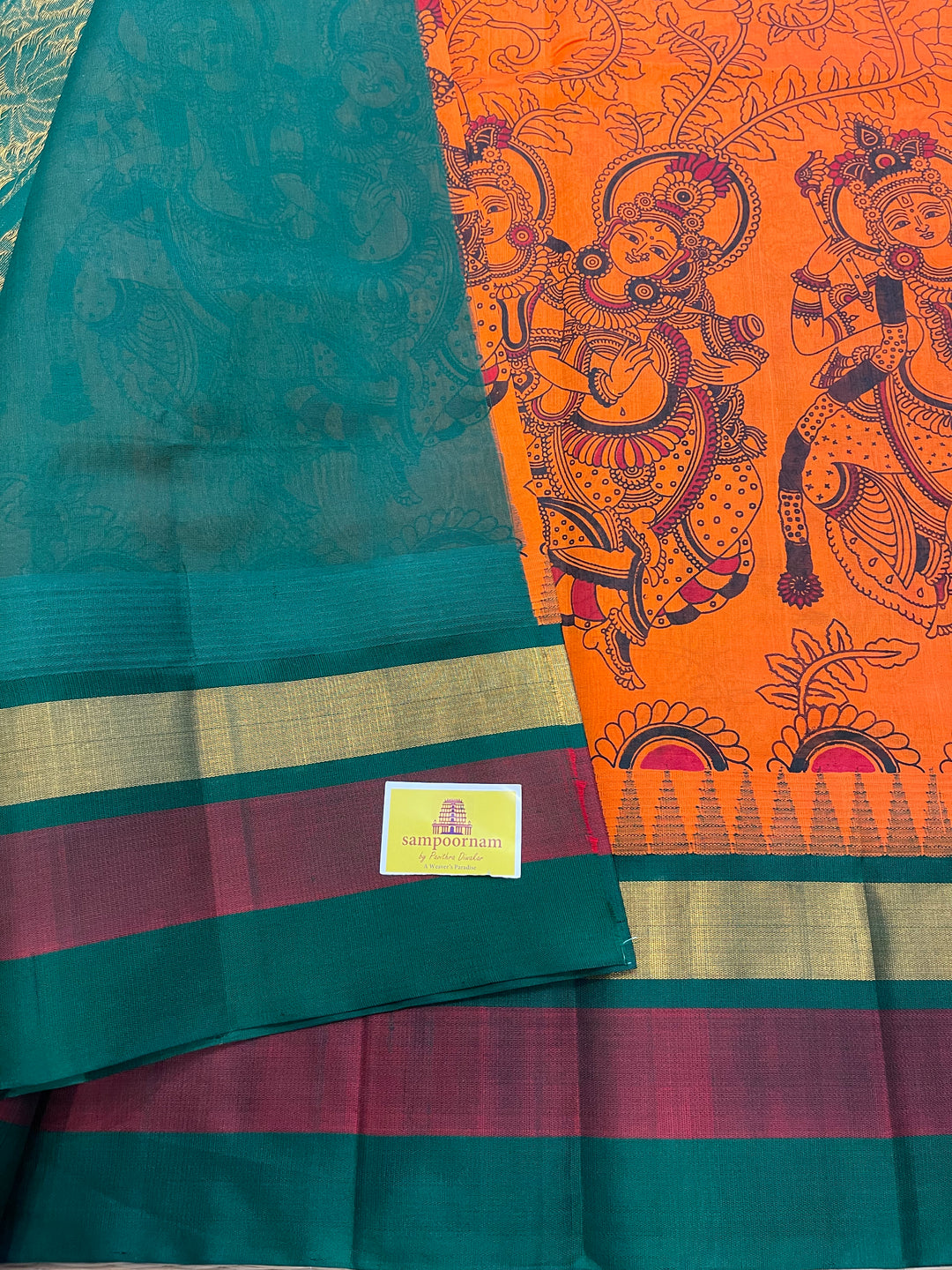 Orange With Green Triple Temple Border Radha Krishna Printed Korvai Silk Cotton Saree