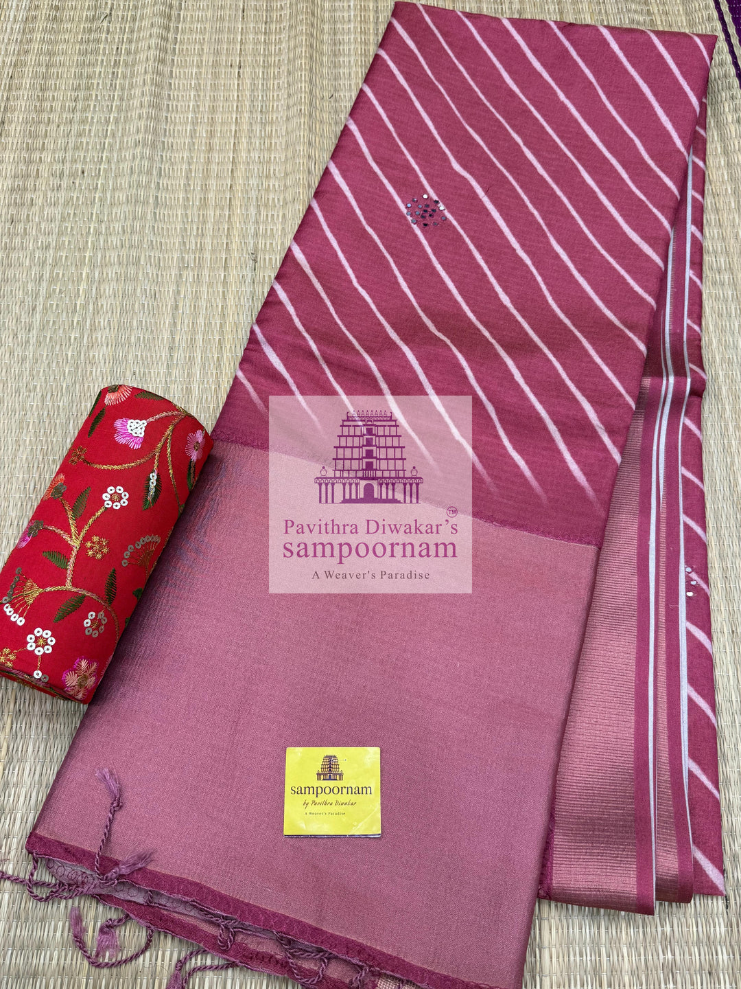 Deep Red with Lehariya prints and small embroided mirror work in the body and border, tissue borders and pallu, VEGAN Saree