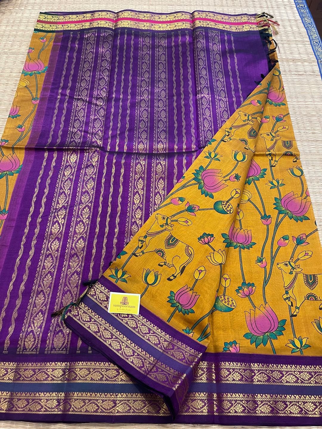 Mustard with Purple Ganga Jamuna Border Pichwai Printed Korvai Silk Cotton Saree