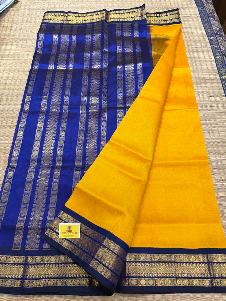 Mambazha Manjal with Blue , traditional borders and rich Pallu Korvai Silk Cotton Saree