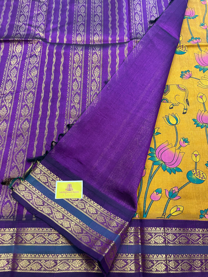 Mustard with Purple Ganga Jamuna Border Pichwai Printed Korvai Silk Cotton Saree