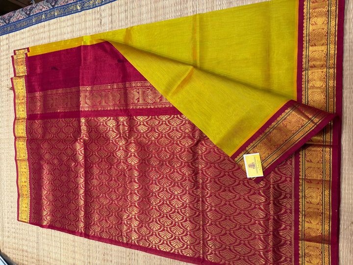 Ponvandu colour with Red , traditional borders and rich Pallu Korvai Silk Cotton Saree