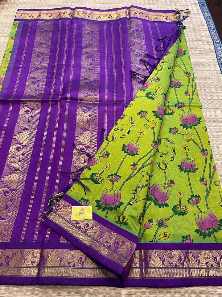 Green with Purple Pichwai Printed Korvai Silk Cotton Saree